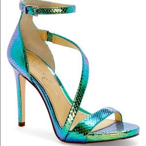 Jessica Simpson Rayli 2 Mermaid Green Iridescent Reptile High Heel Sandals *New*